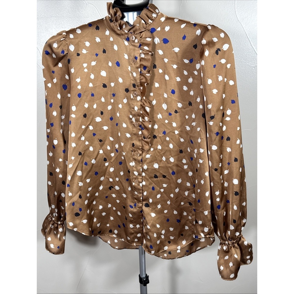 Ann Taylor Ruffle Neck Women's Blouse - Button Down Balloon Sleeves Polyester Xs